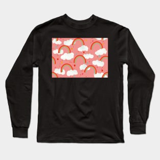 Clouds, rainbows and love hearts on a rose pink background Long Sleeve T-Shirt